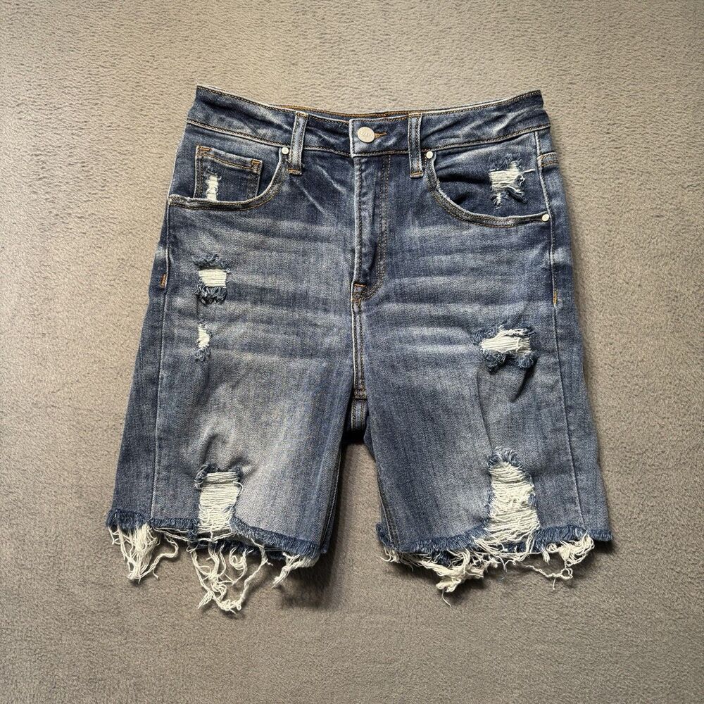 Risen Womens 5/27 Distressed Frayed Hem Bermuda Shorts Blue Mid Rise Denim